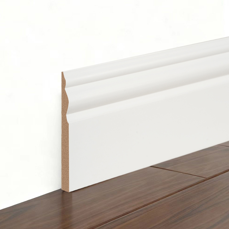 एमडीएफ स्कर्टिंग बोर्ड (फिलर-प्राइमेड और पर्ल व्हाइट)3/5' x 3 7/8'