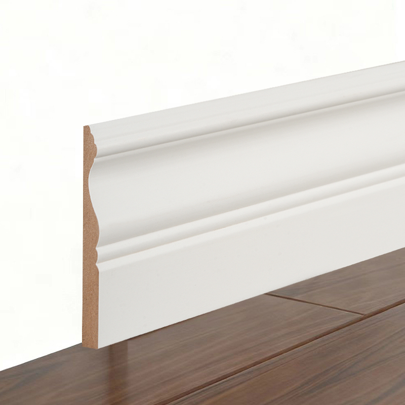 एमडीएफ स्कर्टिंग बोर्ड (फिलर-प्राइमेड और पर्ल व्हाइट)3/5' x 4'